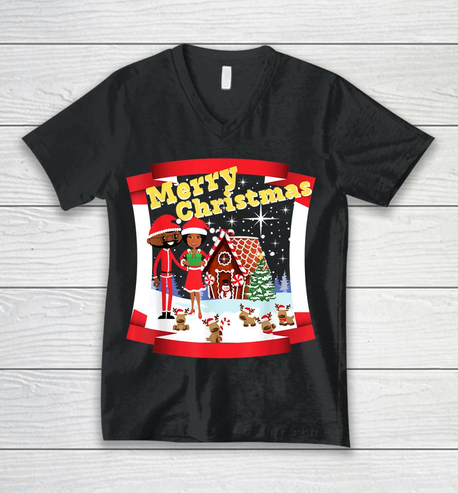 Black African American Santa And Mr And Mrs Claus For Xmas Unisex V-Neck T-Shirt