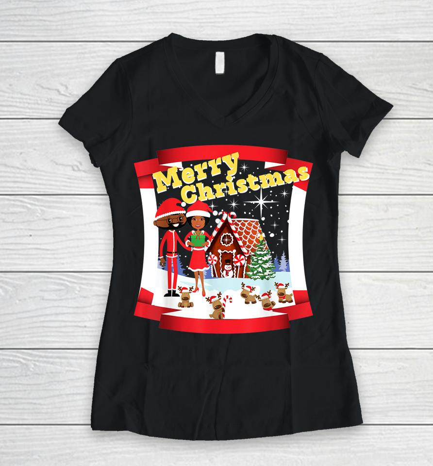 Black African American Santa And Mr And Mrs Claus For Xmas Women V-Neck T-Shirt