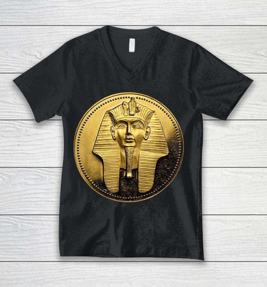 Black Ancient Egyptian Golden Pharoah Coin King Tut Unisex V-Neck T-Shirt