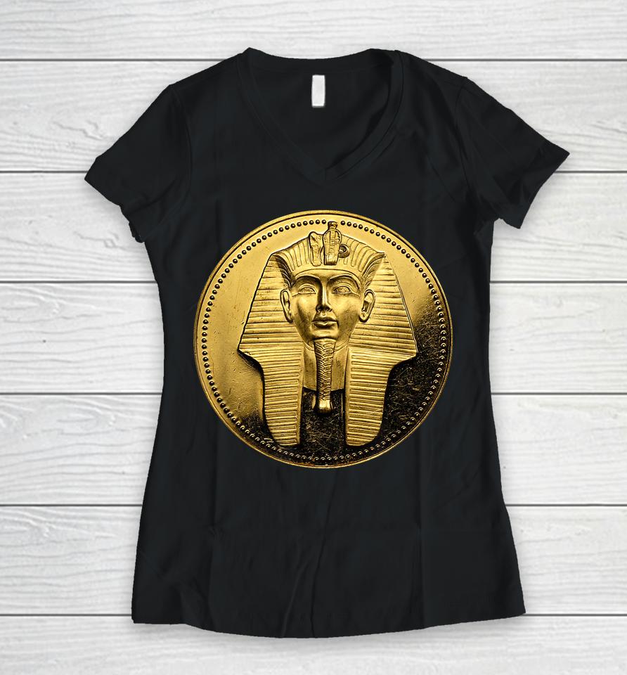 Black Ancient Egyptian Golden Pharoah Coin King Tut Women V-Neck T-Shirt