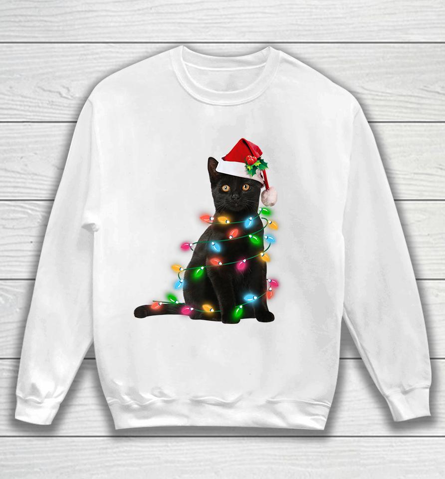 Black Cat Christmas Light Sweatshirt
