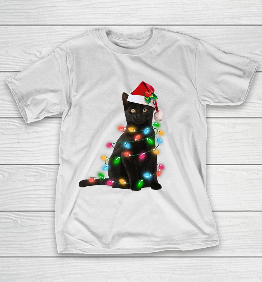 Black Cat Christmas Light T-Shirt