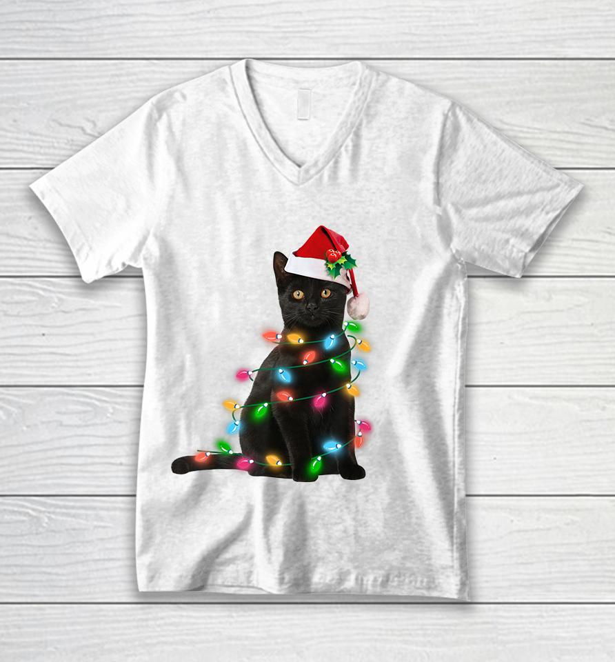 Black Cat Christmas Light Unisex V-Neck T-Shirt