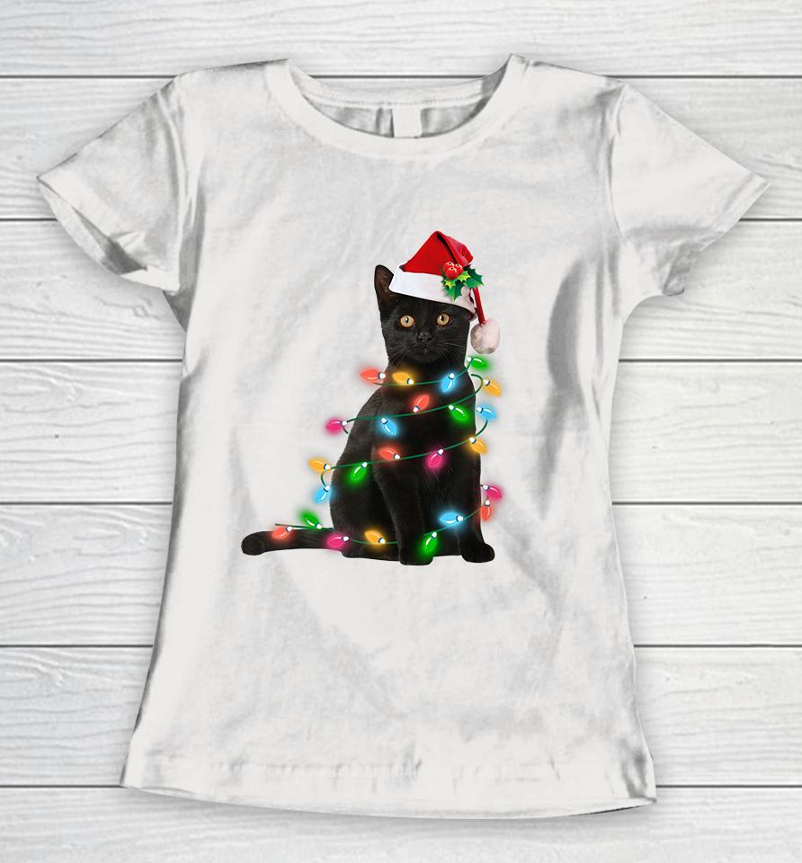Black Cat Christmas Light Women T-Shirt