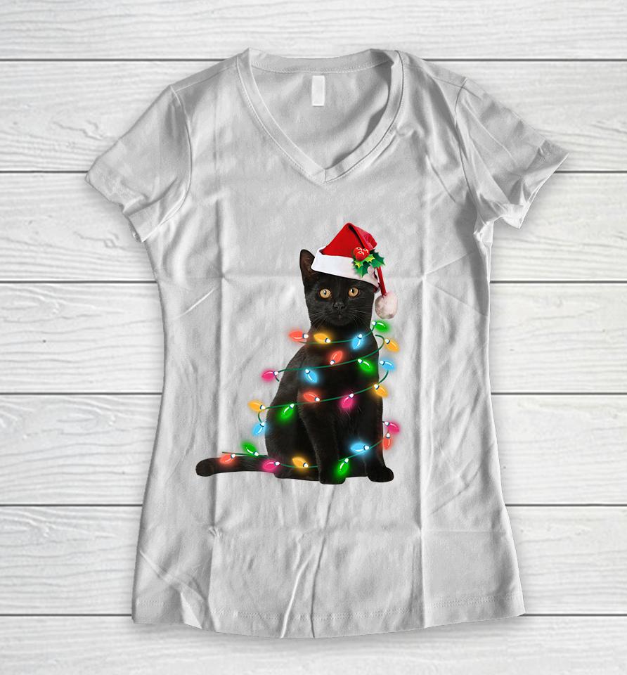 Black Cat Christmas Light Women V-Neck T-Shirt