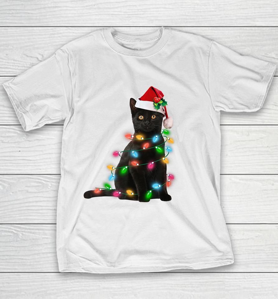 Black Cat Christmas Light Youth T-Shirt