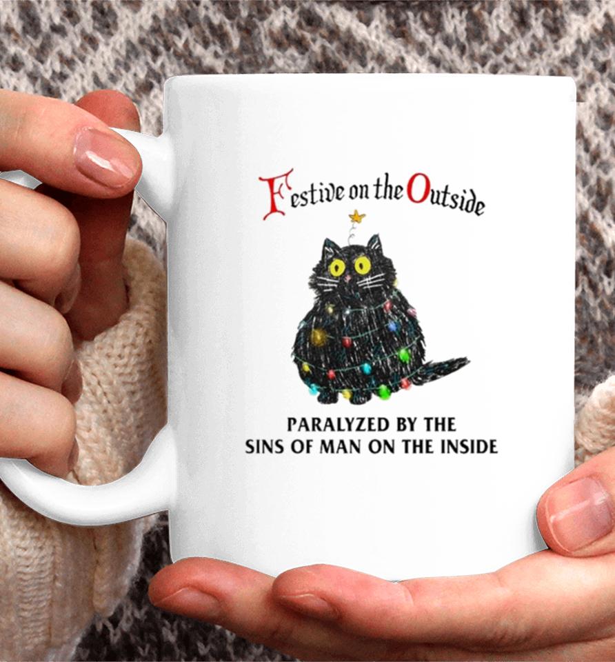 Black Cat Christmas Lights Festive On The Outside Paralyzed By The Sins Of Man On The Inside Coffee Mug