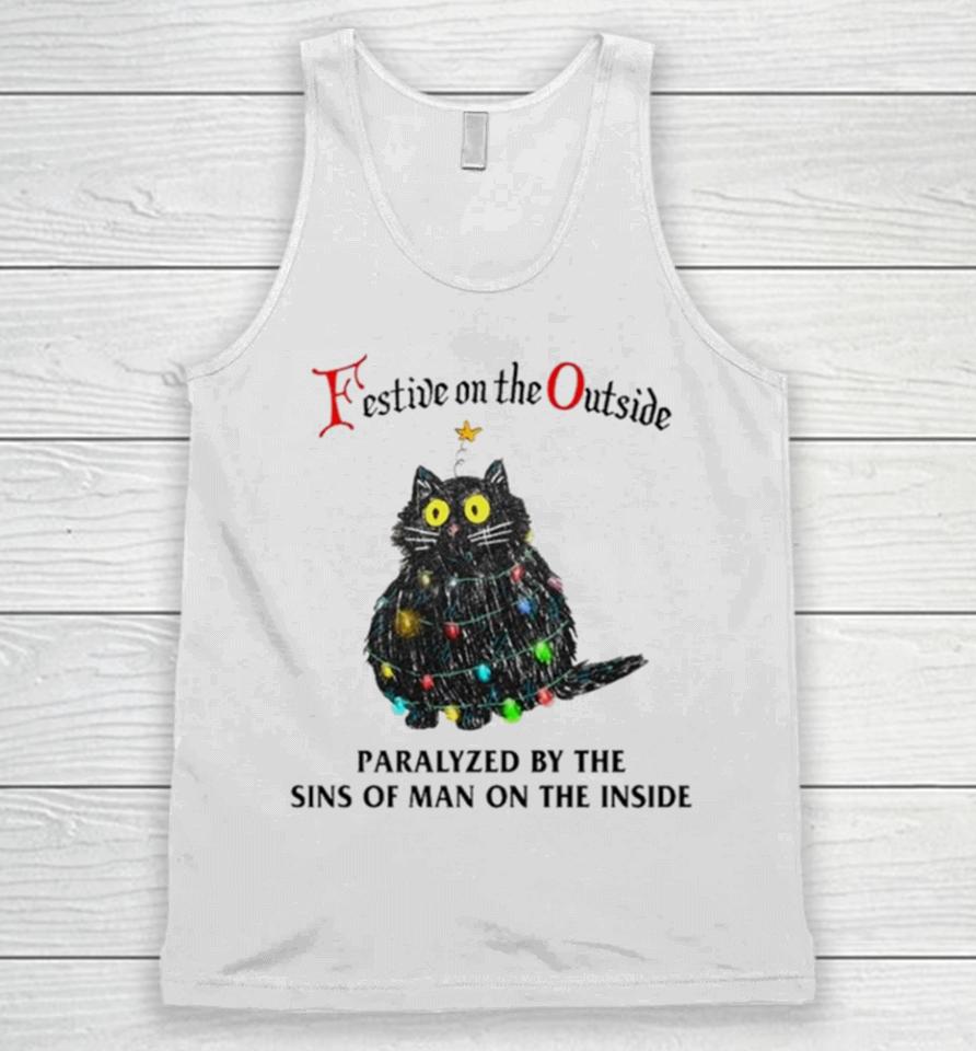 Black Cat Christmas Lights Festive On The Outside Paralyzed By The Sins Of Man On The Inside Unisex Tank Top