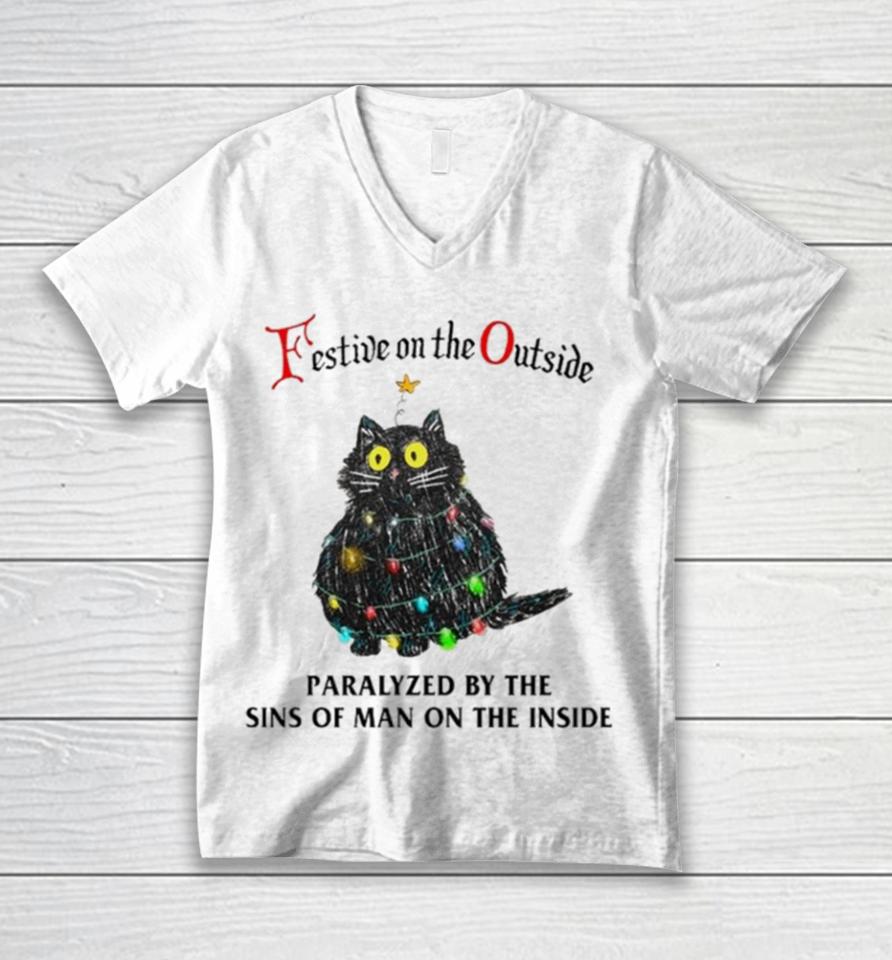 Black Cat Christmas Lights Festive On The Outside Paralyzed By The Sins Of Man On The Inside Unisex V-Neck T-Shirt