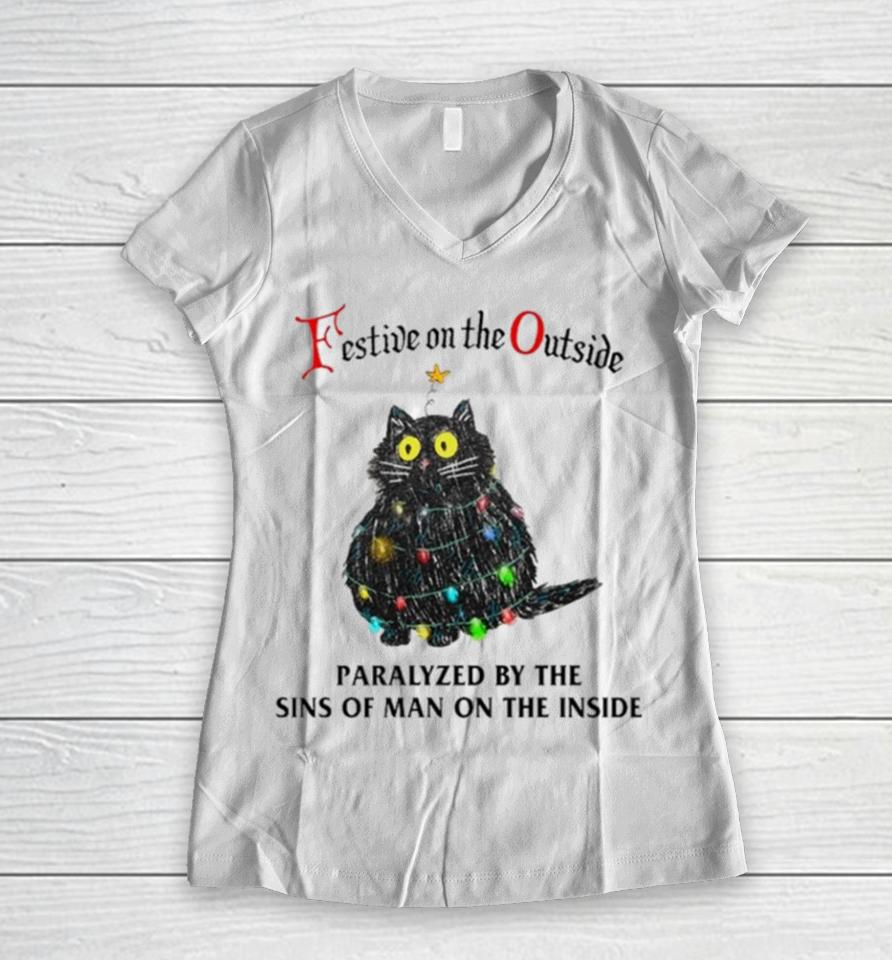 Black Cat Christmas Lights Festive On The Outside Paralyzed By The Sins Of Man On The Inside Women V-Neck T-Shirt