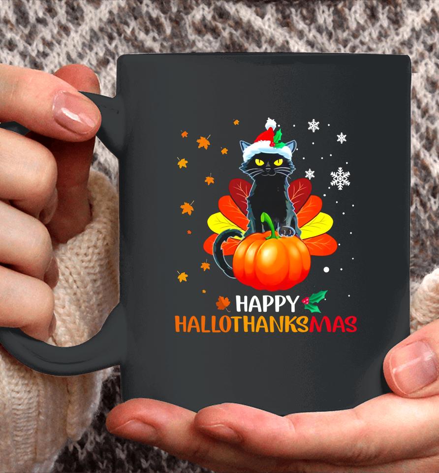 Black Cat Halloween And Merry Christmas Happy Hallothanksmas Coffee Mug