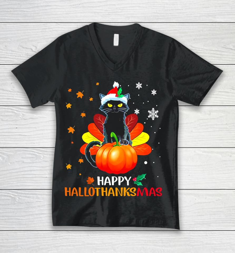 Black Cat Halloween And Merry Christmas Happy Hallothanksmas Unisex V-Neck T-Shirt