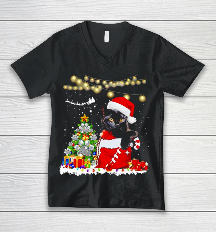 Black Cat In Christmas Sox Unisex V-Neck T-Shirt