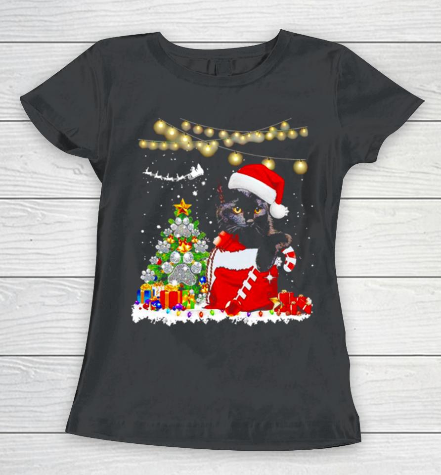 Black Cat In Christmas Sox Women T-Shirt