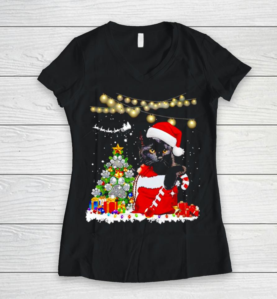 Black Cat In Christmas Sox Women V-Neck T-Shirt