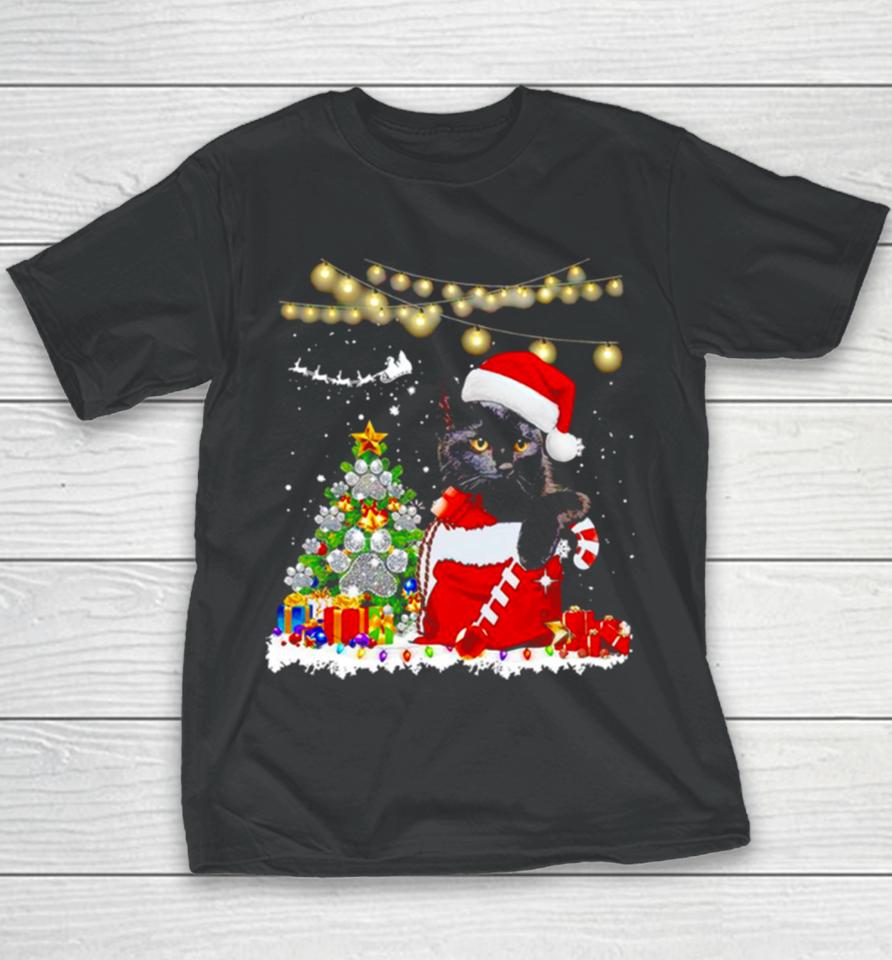 Black Cat In Christmas Sox Youth T-Shirt