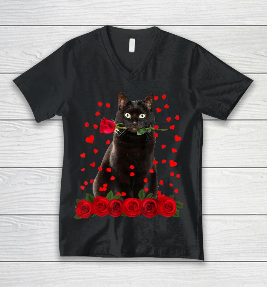 Black Cat Valentines Day Unisex V-Neck T-Shirt
