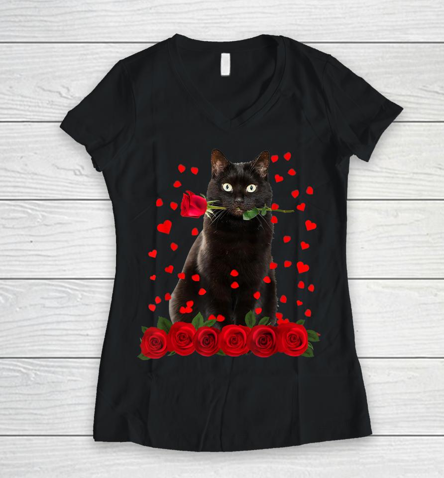 Black Cat Valentines Day Women V-Neck T-Shirt