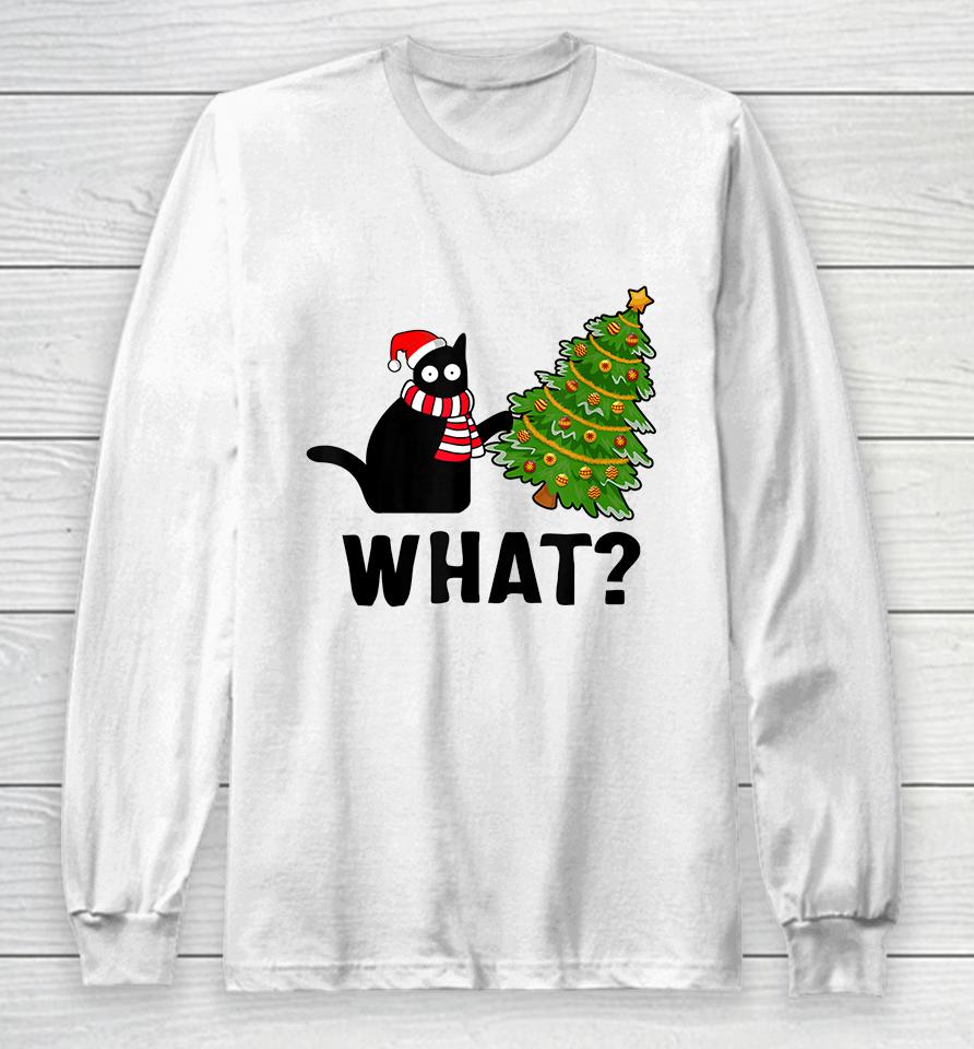 Black Cat What? Christmas Tree Long Sleeve T-Shirt