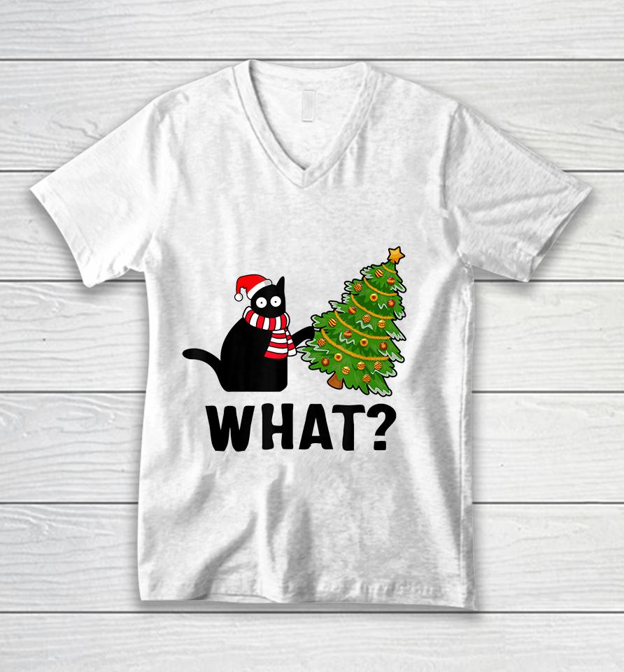 Black Cat What? Christmas Tree Unisex V-Neck T-Shirt