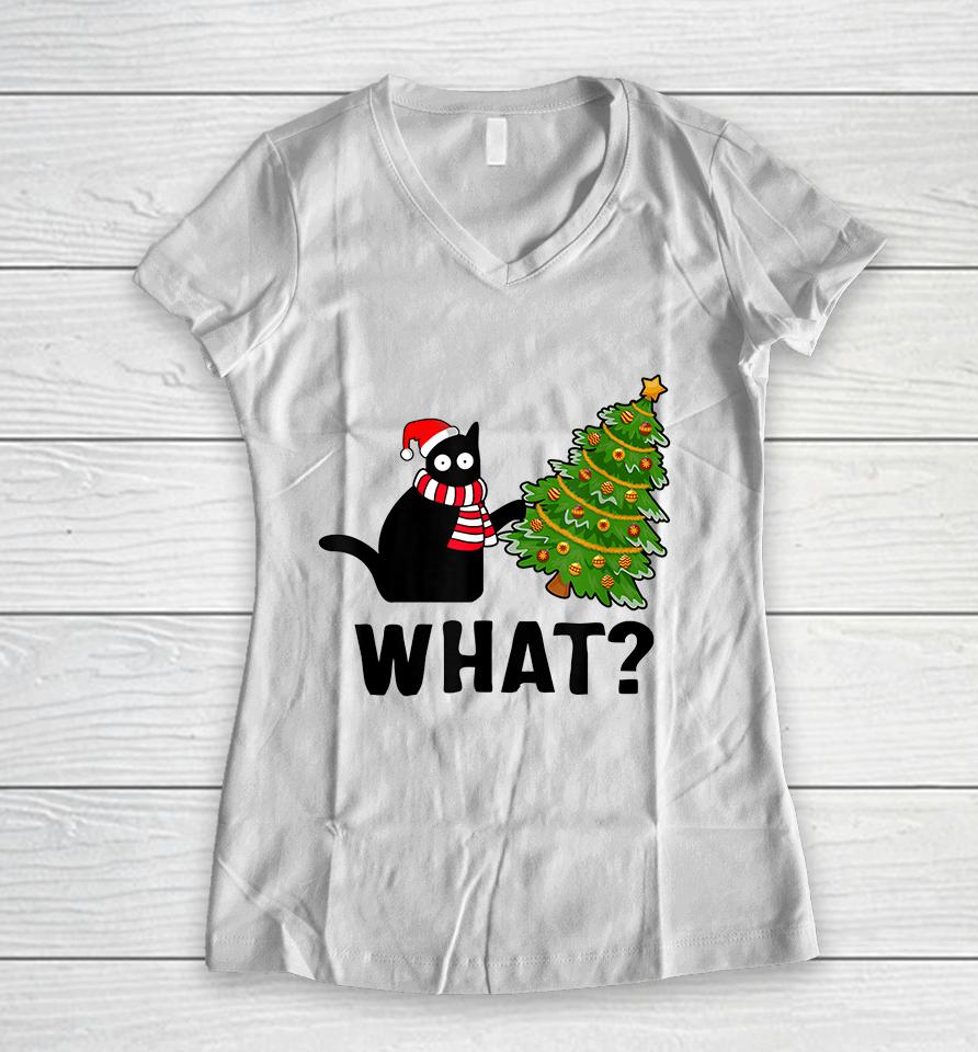 Black Cat What? Christmas Tree Women V-Neck T-Shirt