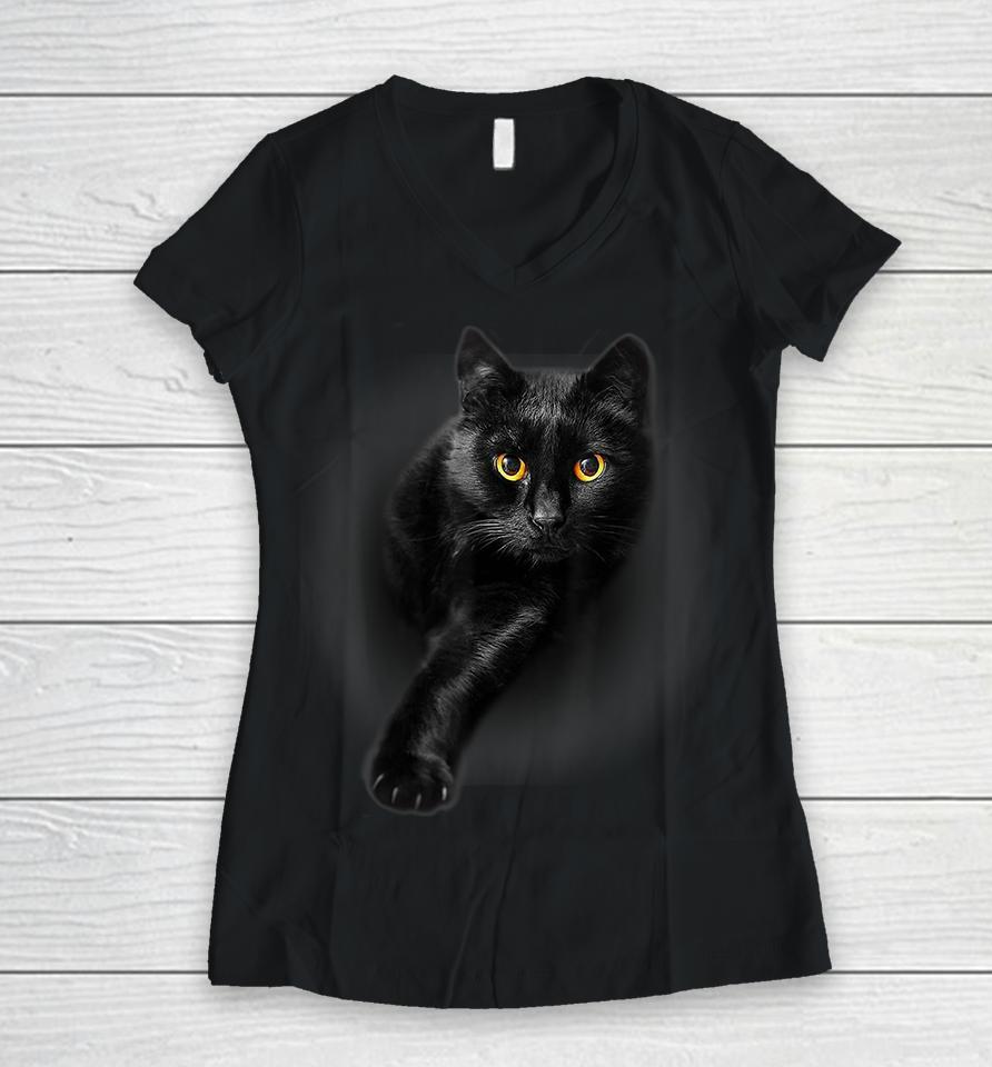 Black Cat Yellow Eyes Women V-Neck T-Shirt