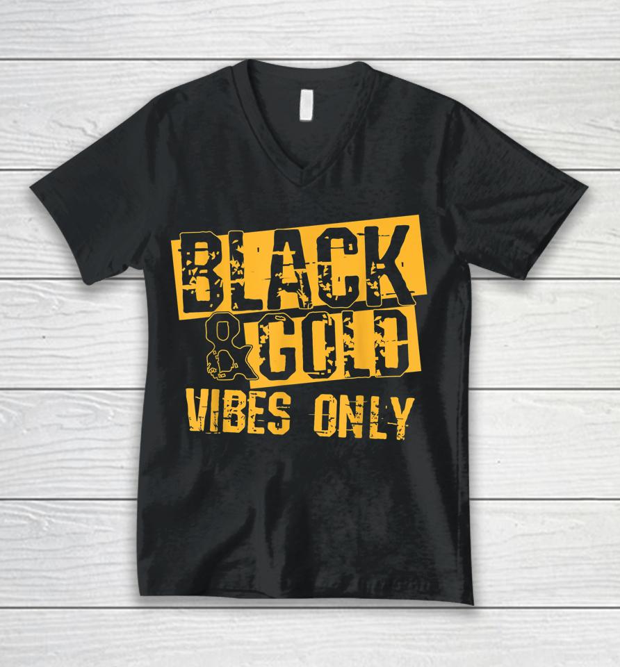 Black &Amp; Gold Vibes Only For Game Day Unisex V-Neck T-Shirt