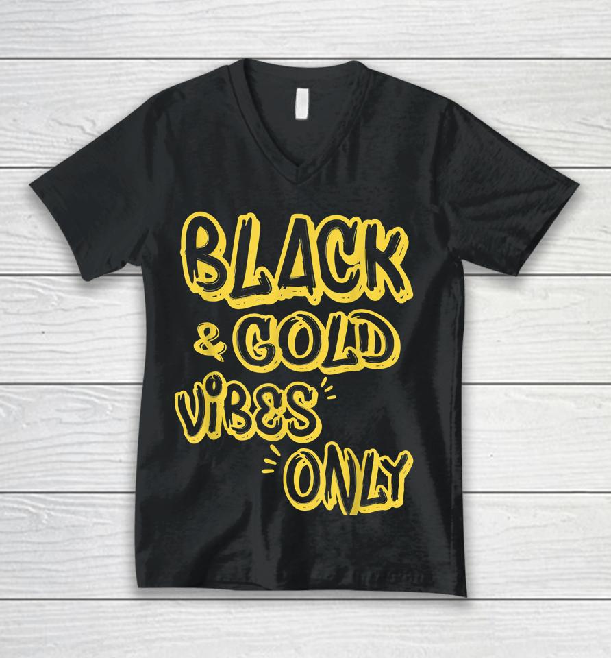 Black &Amp; Gold Vibes Only Funny Game Day High School Football Unisex V-Neck T-Shirt
