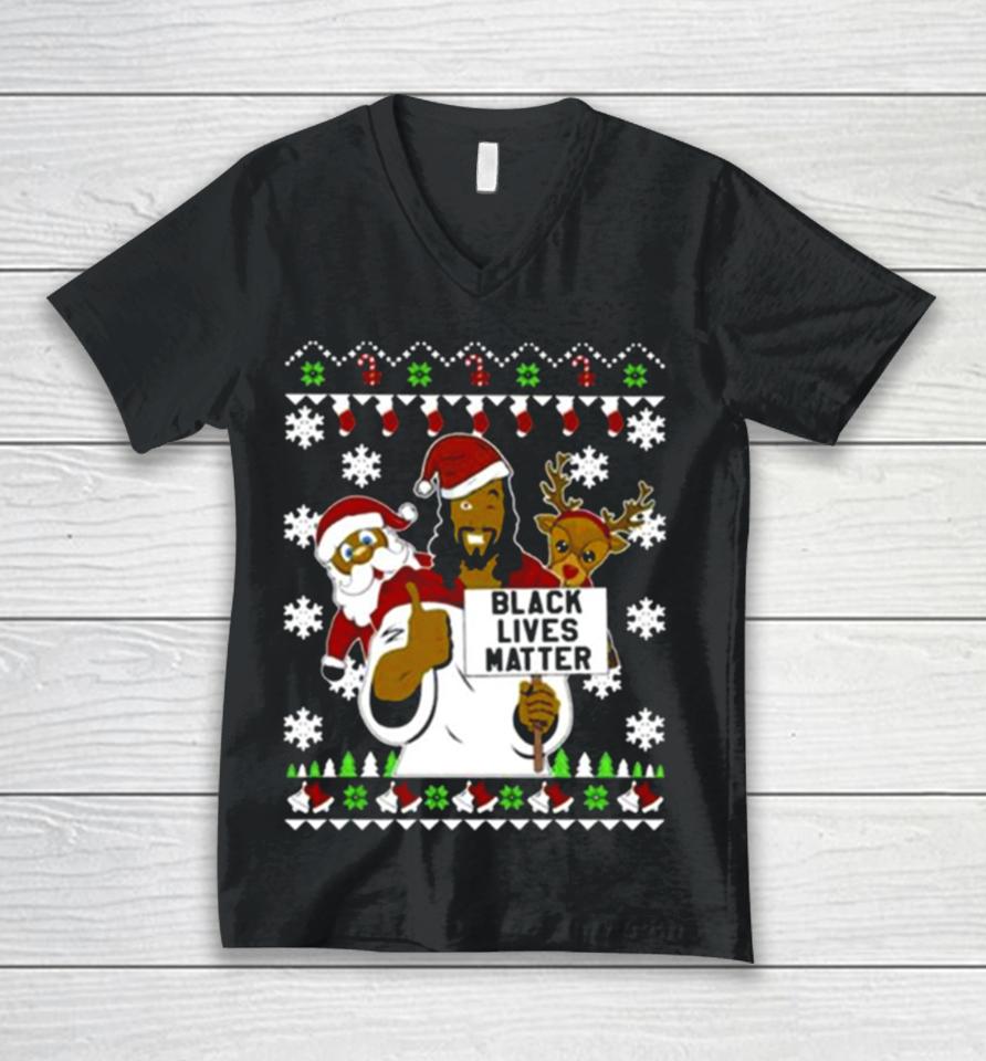Black Lives Matter Reindeer Santa Ugly Christmas Unisex V-Neck T-Shirt