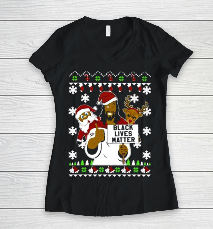 Black Lives Matter Reindeer Santa Ugly Christmas Women V-Neck T-Shirt