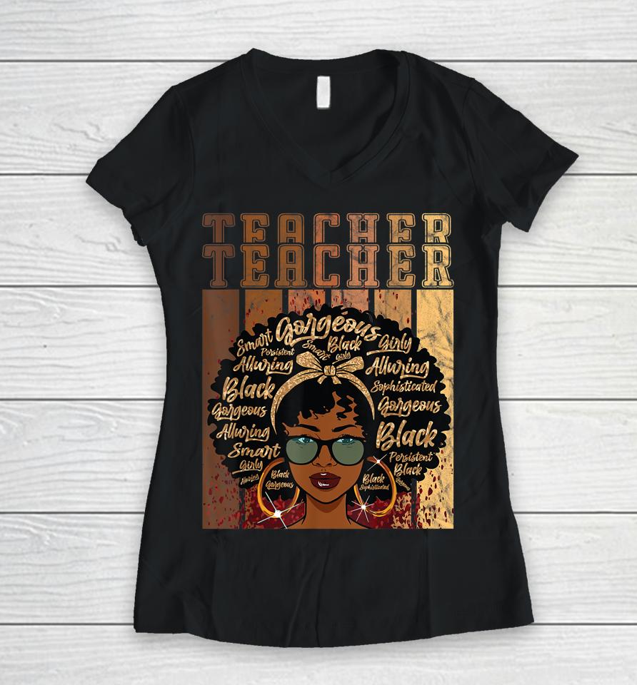 Black Smart Teacher Afro Love Melanin African American Women V-Neck T-Shirt