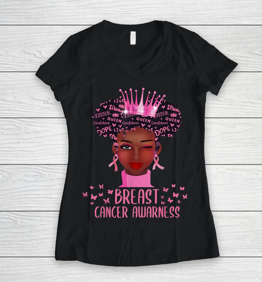 Black Woman In October We Wear Pink Breast Cancer Awareness Women V-Neck T-Shirt