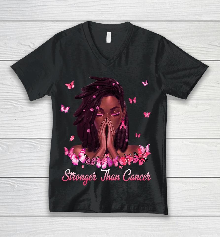 Black Women Melanin Stronger Than Breast Cancer Pink Ribbon Unisex V-Neck T-Shirt