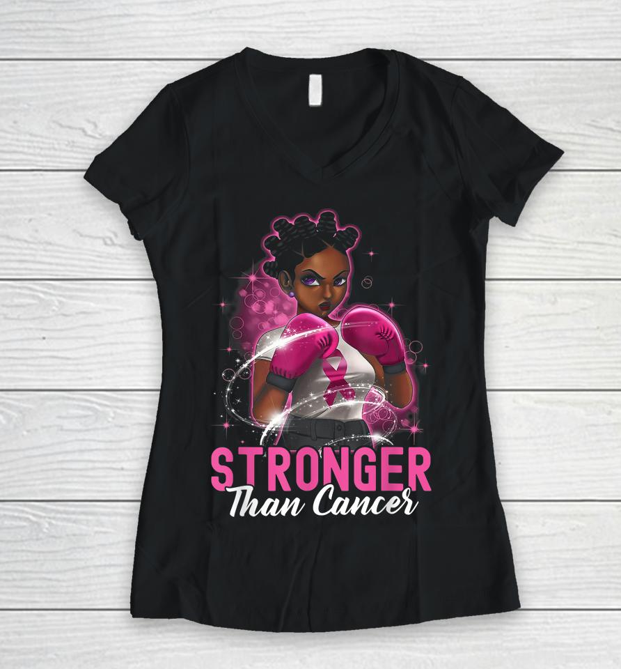 Black Women Queen Stronger Than Breast Cancer Pink Ribbon Women V-Neck T-Shirt