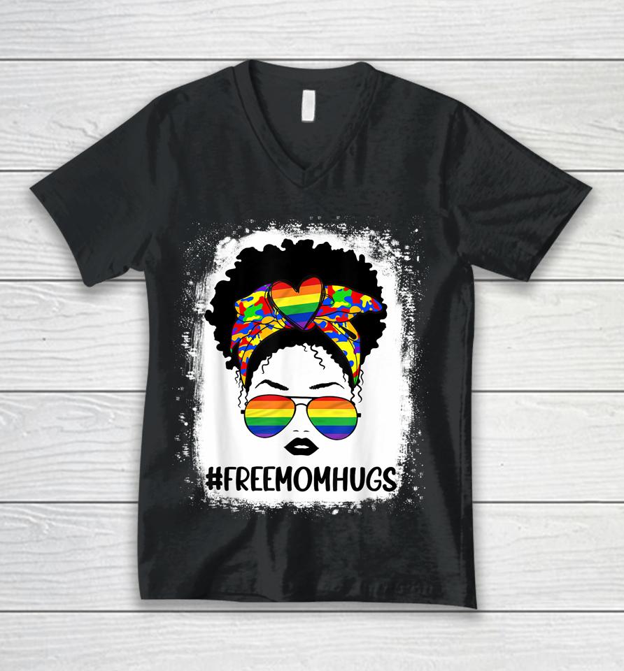 Black Womens Free Mom Hugs Messy Bun Lgbt Pride Rainbow Unisex V-Neck T-Shirt