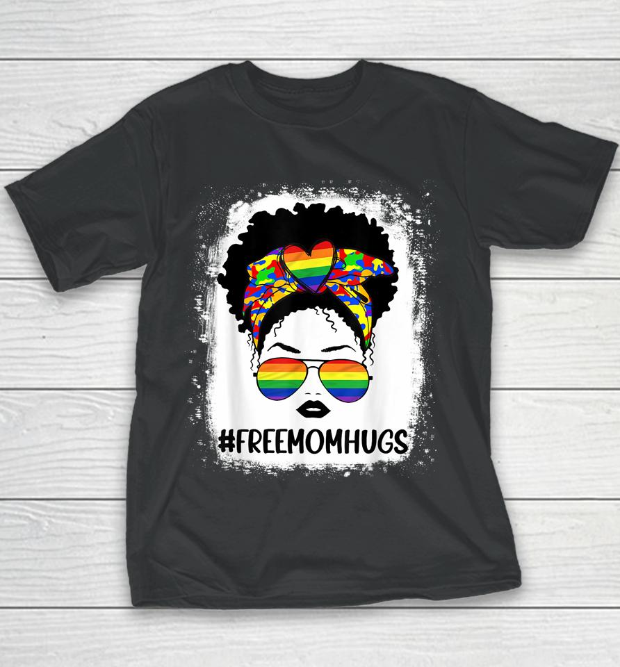 Black Womens Free Mom Hugs Messy Bun Lgbt Pride Rainbow Youth T-Shirt