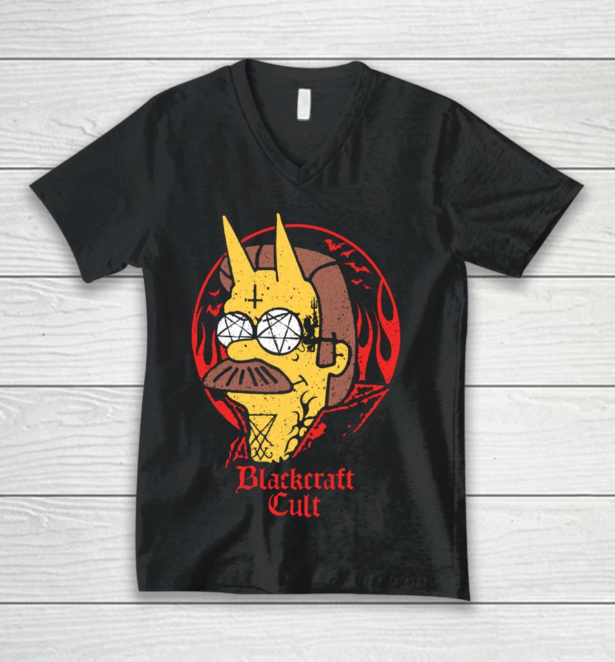 Blackcraftcult Merch Shop Devil Flanders Did I Hear Someone Wanted To Sell Their Soul Unisex V-Neck T-Shirt