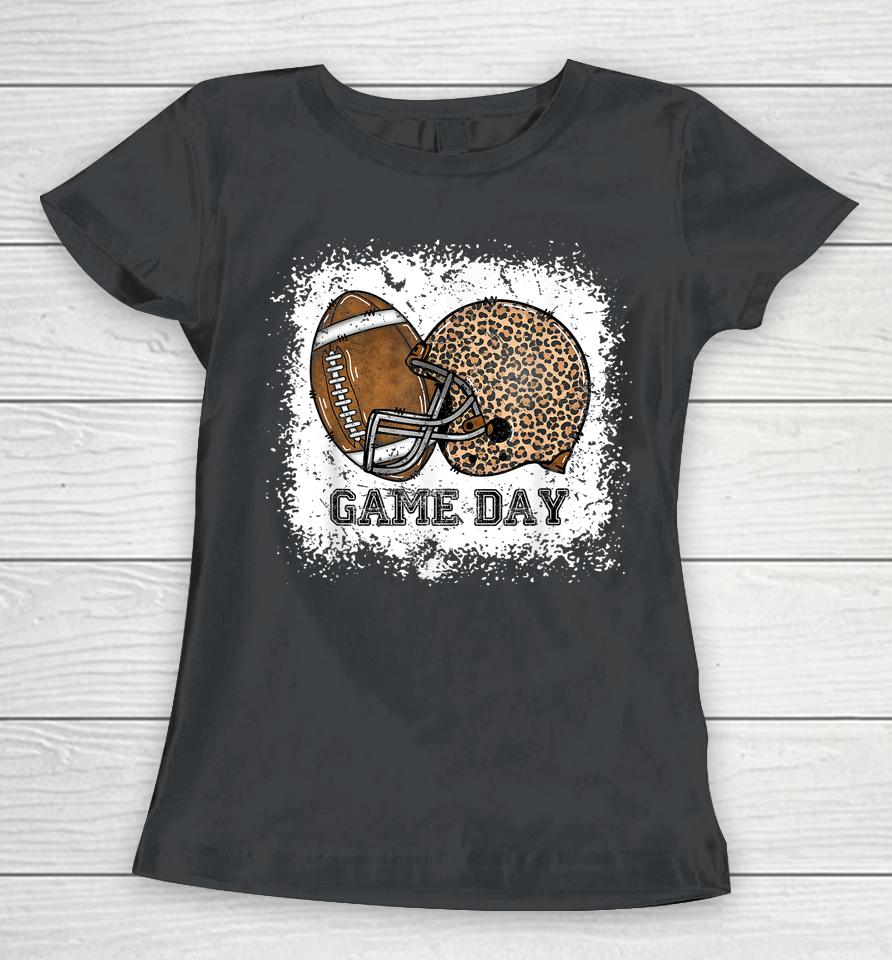Bleached Game Day Leopard Football Helmet Sport Mom Girls Women T-Shirt