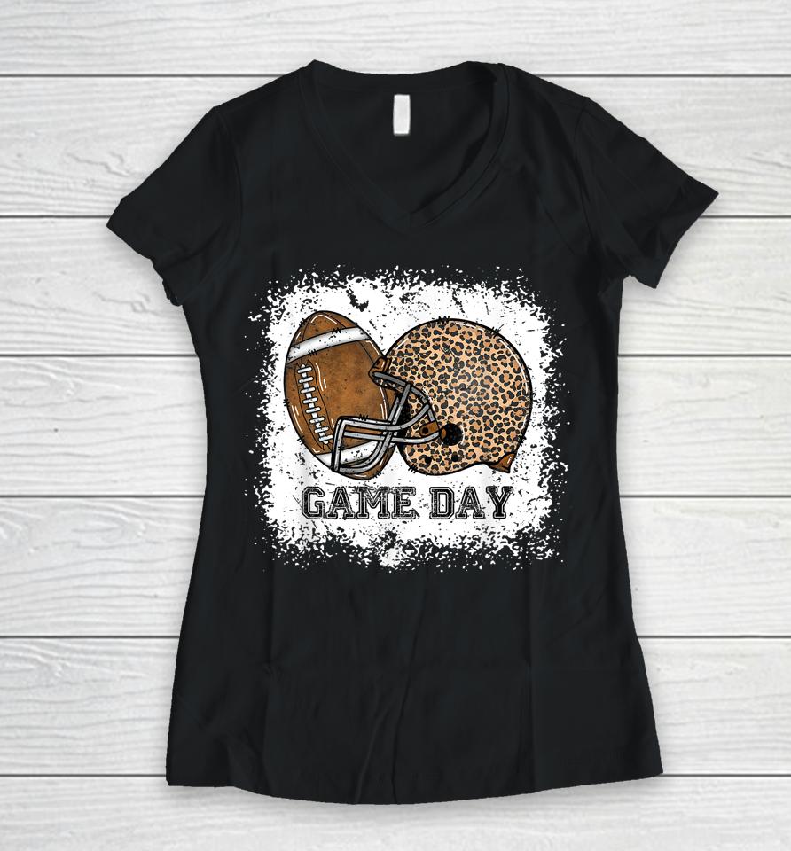 Bleached Game Day Leopard Football Helmet Sport Mom Girls Women V-Neck T-Shirt