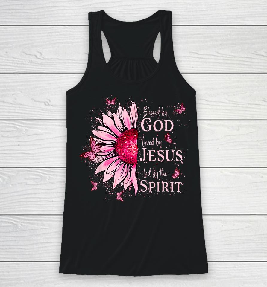Blessed By God - Loved By Jesus, Pink Sunflower Racerback Tank