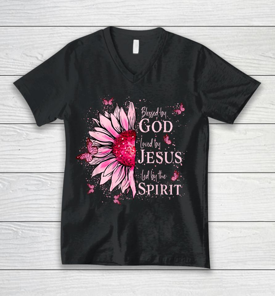 Blessed By God - Loved By Jesus, Pink Sunflower Unisex V-Neck T-Shirt