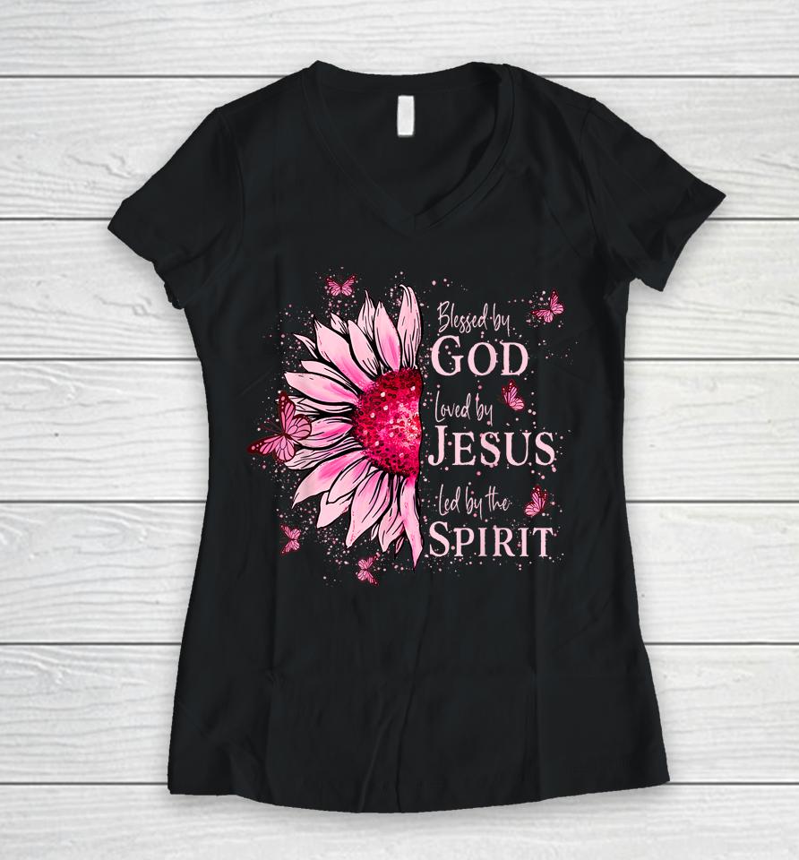 Blessed By God - Loved By Jesus, Pink Sunflower Women V-Neck T-Shirt