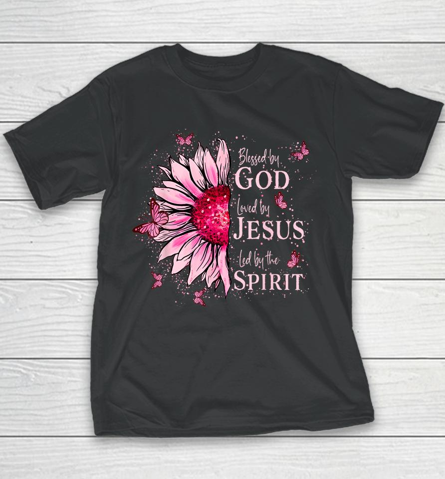 Blessed By God - Loved By Jesus, Pink Sunflower Youth T-Shirt