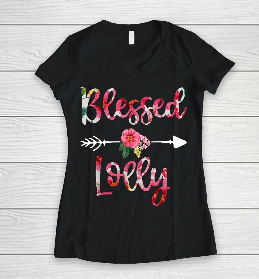 Blessed Lolly Floral Mothers Day Grandma Women V-Neck T-Shirt