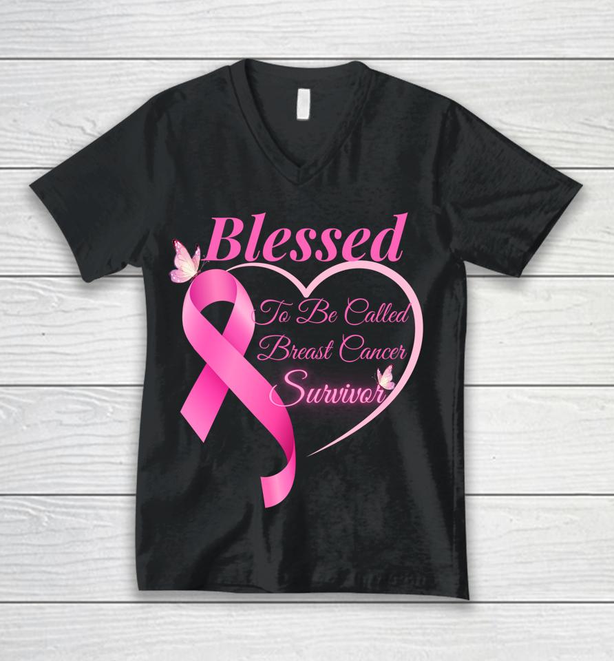 Blessed To Be Called Breast Cancer Survivor Pink Butterfly Unisex V-Neck T-Shirt
