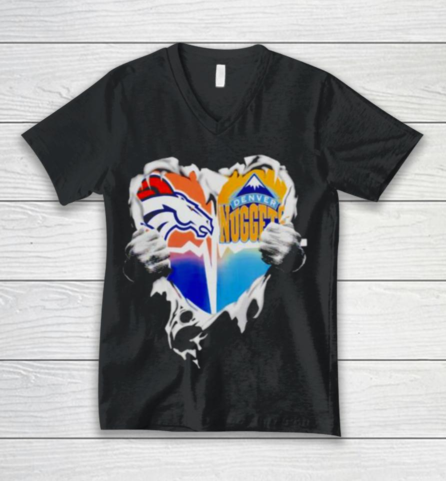 Blood Inside Heart Denver Broncos And Denver Nuggets Unisex V-Neck T-Shirt