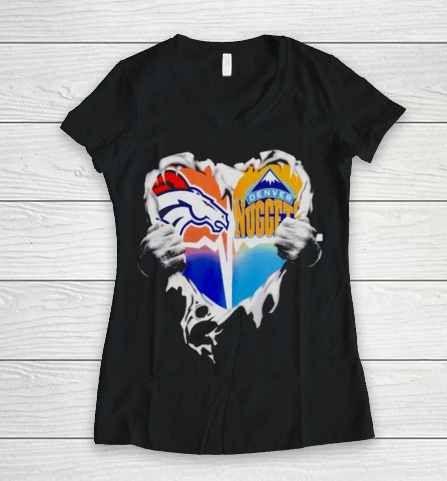 Blood Inside Heart Denver Broncos And Denver Nuggets Women V-Neck T-Shirt