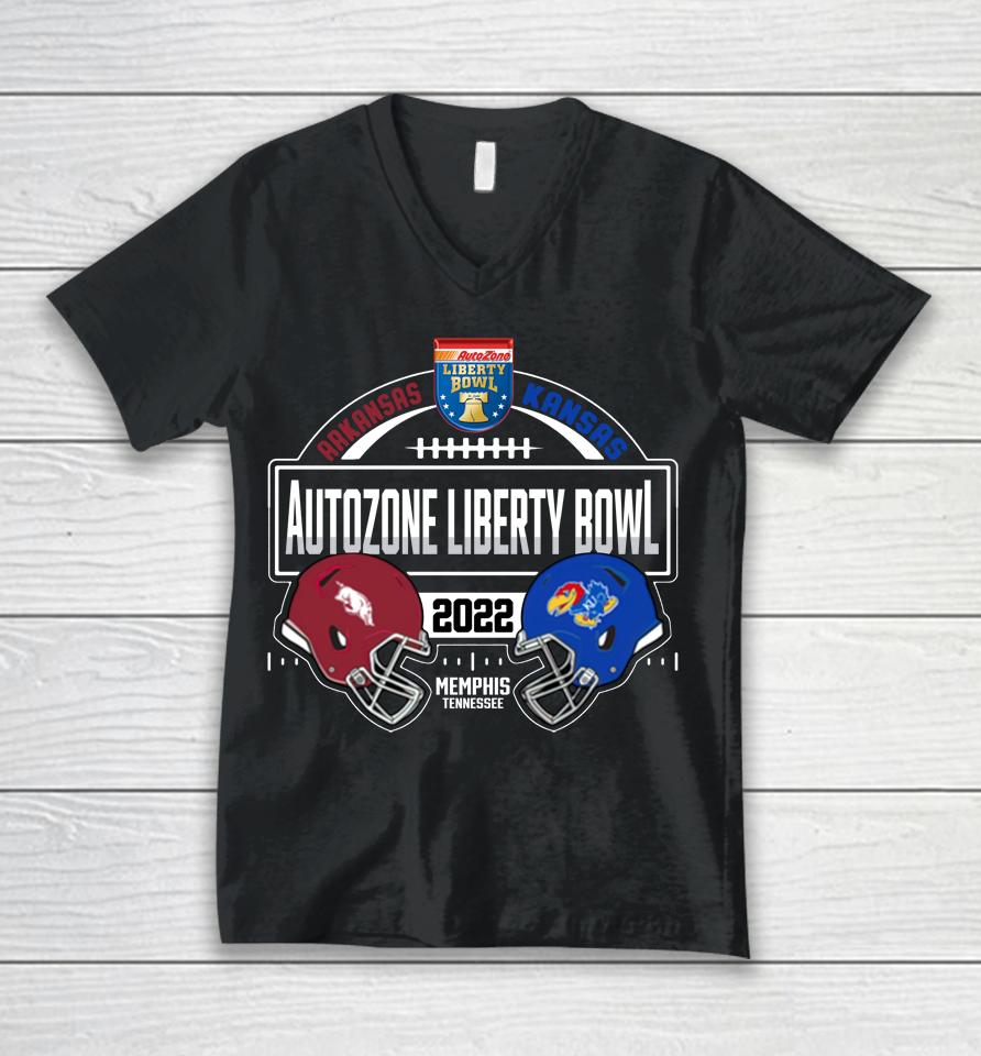 Blue 84 Arkansas Razorbacks Vs Kansas Jayhawks 2022 Liberty Bowl Matchup Unisex V-Neck T-Shirt