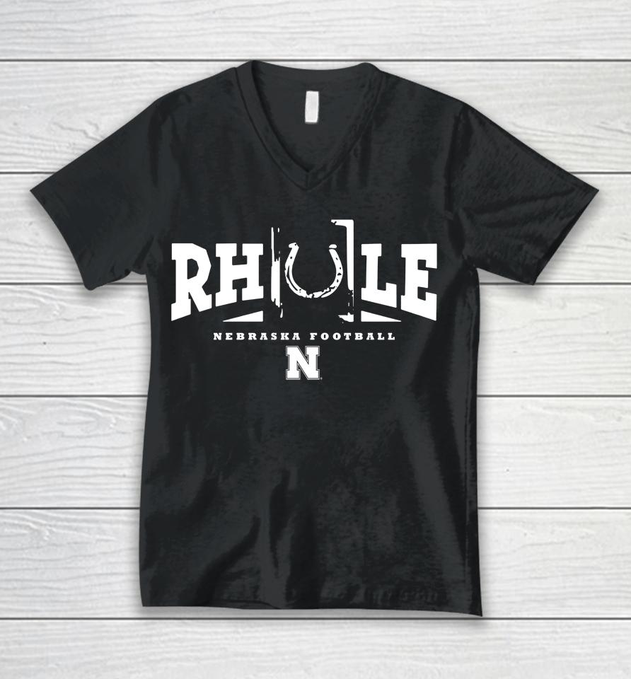 Blue 84 Ncaa Matt Rhule Scarlet Nebraska Huskers Horseshoe Unisex V-Neck T-Shirt
