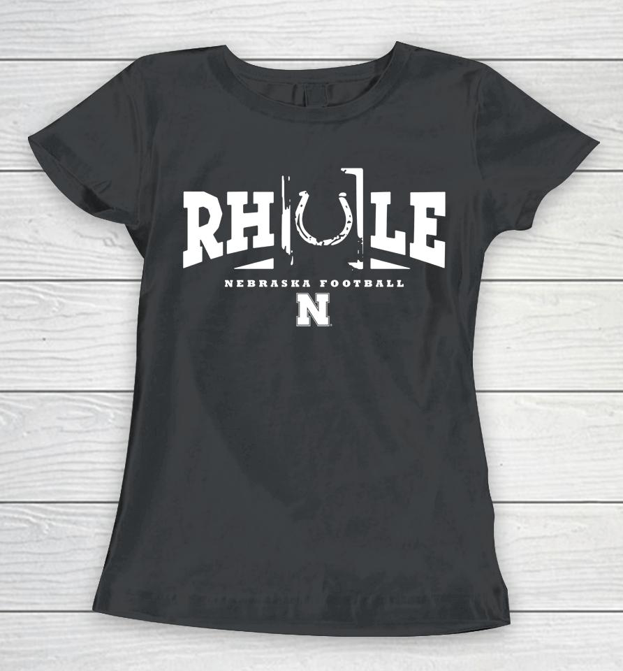 Blue 84 Ncaa Matt Rhule Scarlet Nebraska Huskers Horseshoe Women T-Shirt